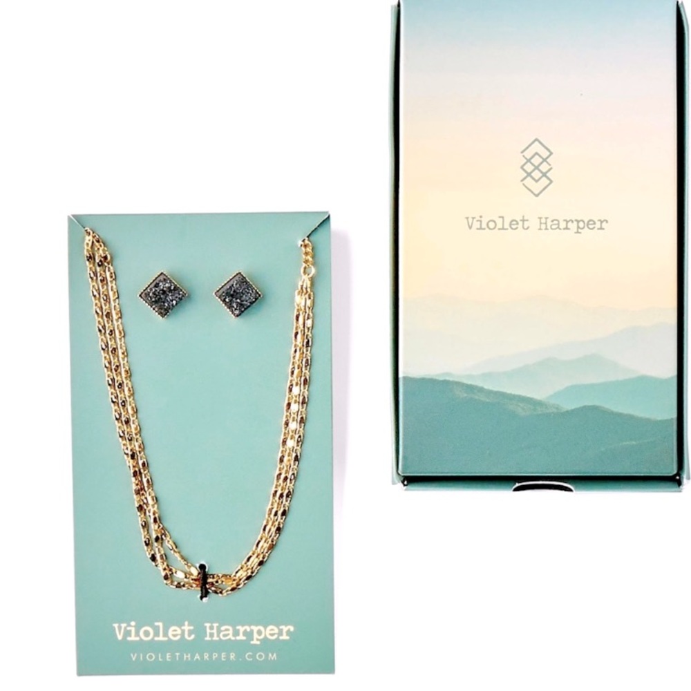 Violet Harper Isla Layered Necklace + Black Druzy Earring Set NEW